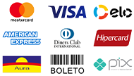 Formas de pagamento: Visa, Mastercard, Diners Club, Aura, Elo, Hipercard, American Express, Boleto, Pix